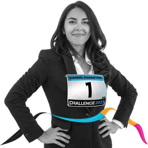 Woman in business suit wearing a marathon runner's number