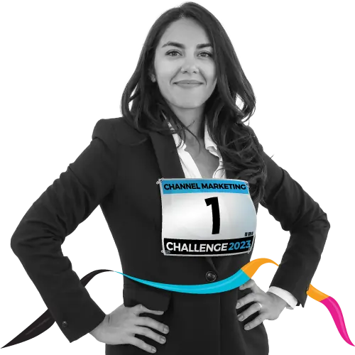 Woman in business suit wearing a marathon runner's number